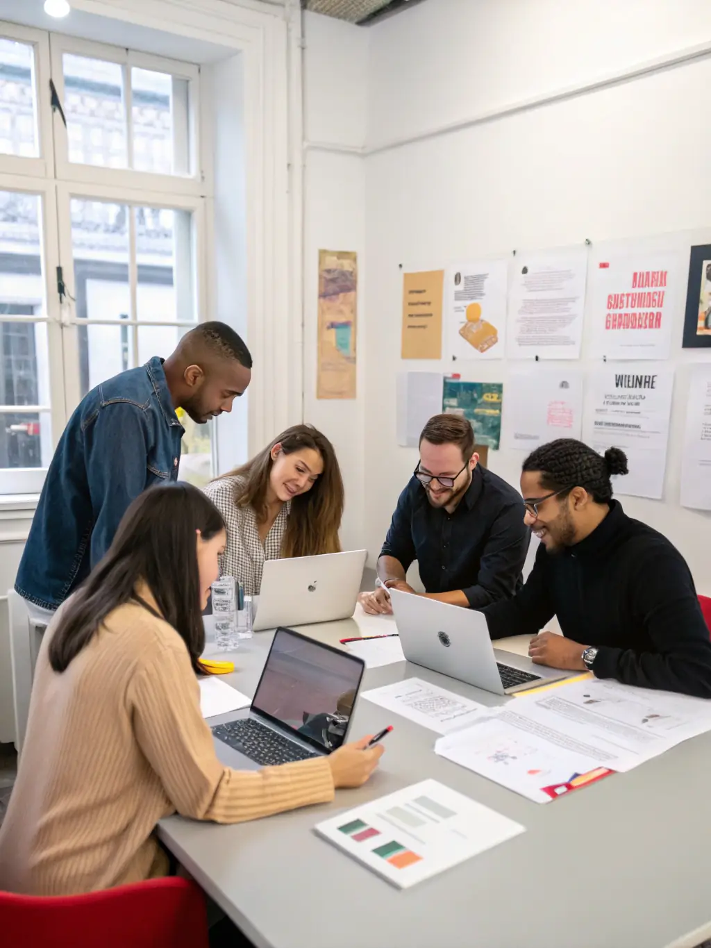 A diverse team of RenoLINC employees collaborating in a modern office setting, highlighting their teamwork and diverse expertise.