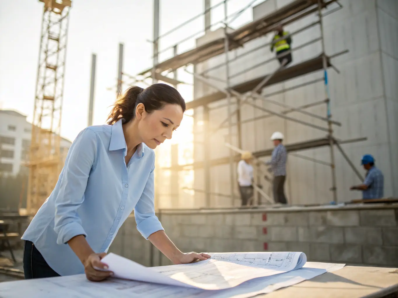 A close-up shot of a property manager reviewing blueprints with a client on a construction site, emphasizing RenoLINC's commitment to project management and client collaboration.