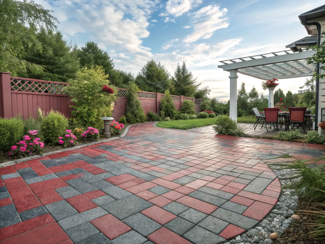A wide shot of a newly constructed deck and patio area in a backyard, complete with outdoor furniture and landscaping, highlighting RenoLINC's capabilities in exterior construction.