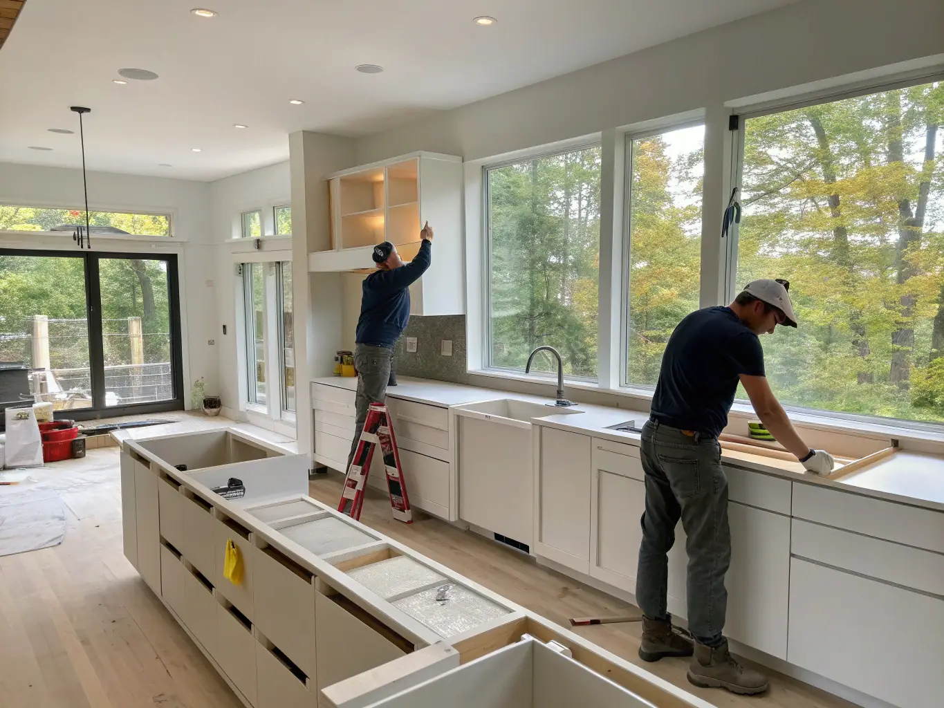 A high-angle shot of a modern kitchen renovation in progress, showcasing new cabinets being installed and updated appliances, emphasizing RenoLINC's expertise in interior renovations.