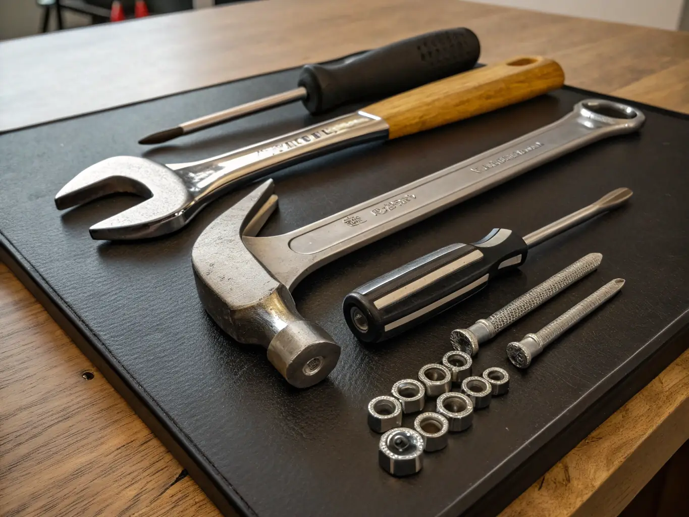 A photograph of a set of professional-grade demolition hammers, neatly arranged on a workbench. The hammers are clean and well-maintained, with various chisel attachments displayed alongside, suggesting versatility and readiness for different demolition tasks.