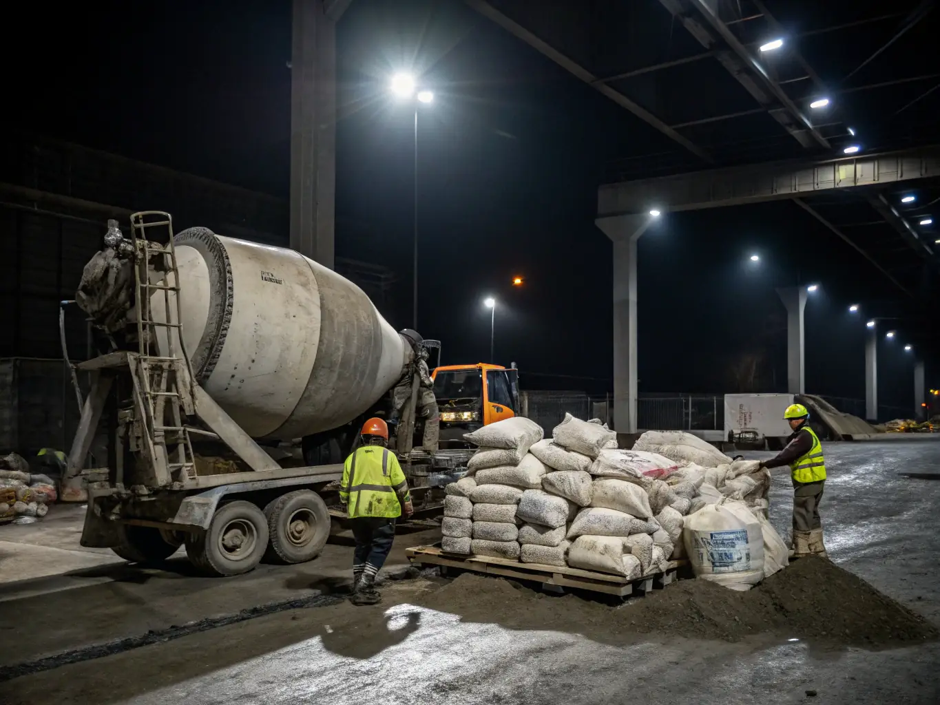 A high-quality image of a well-maintained, professional-grade concrete mixer on a construction site, showcasing its robust design and functionality. The background includes other construction equipment and materials, suggesting a busy and productive work environment.