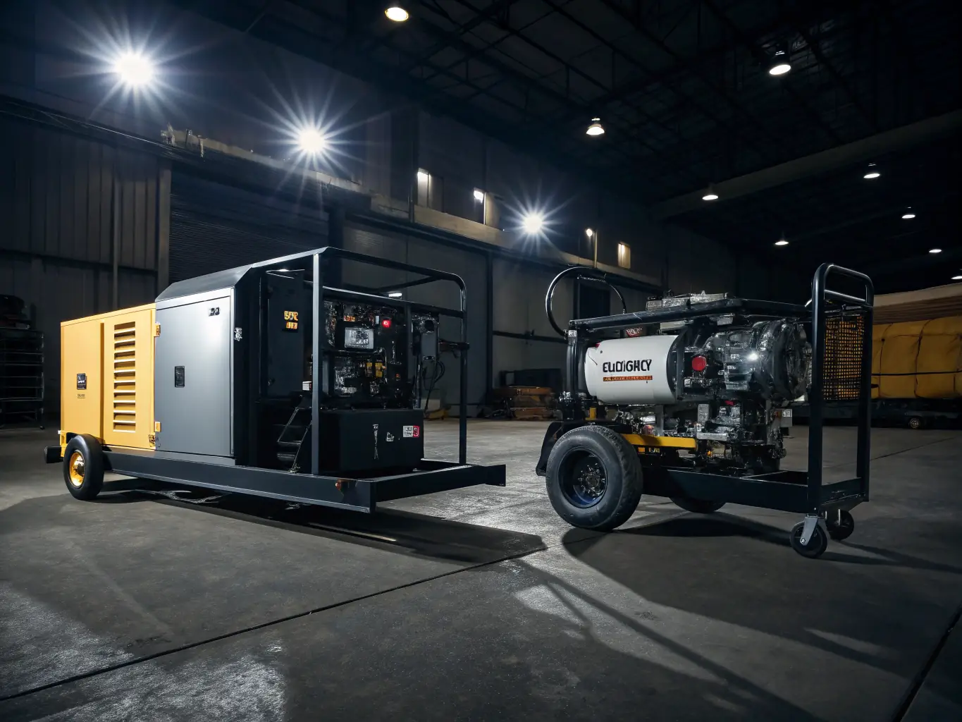 A clear and detailed image of a power generator, highlighting its various ports and controls. The generator is placed in a workshop setting, with tools and equipment neatly arranged in the background, emphasizing its reliability and readiness for use.